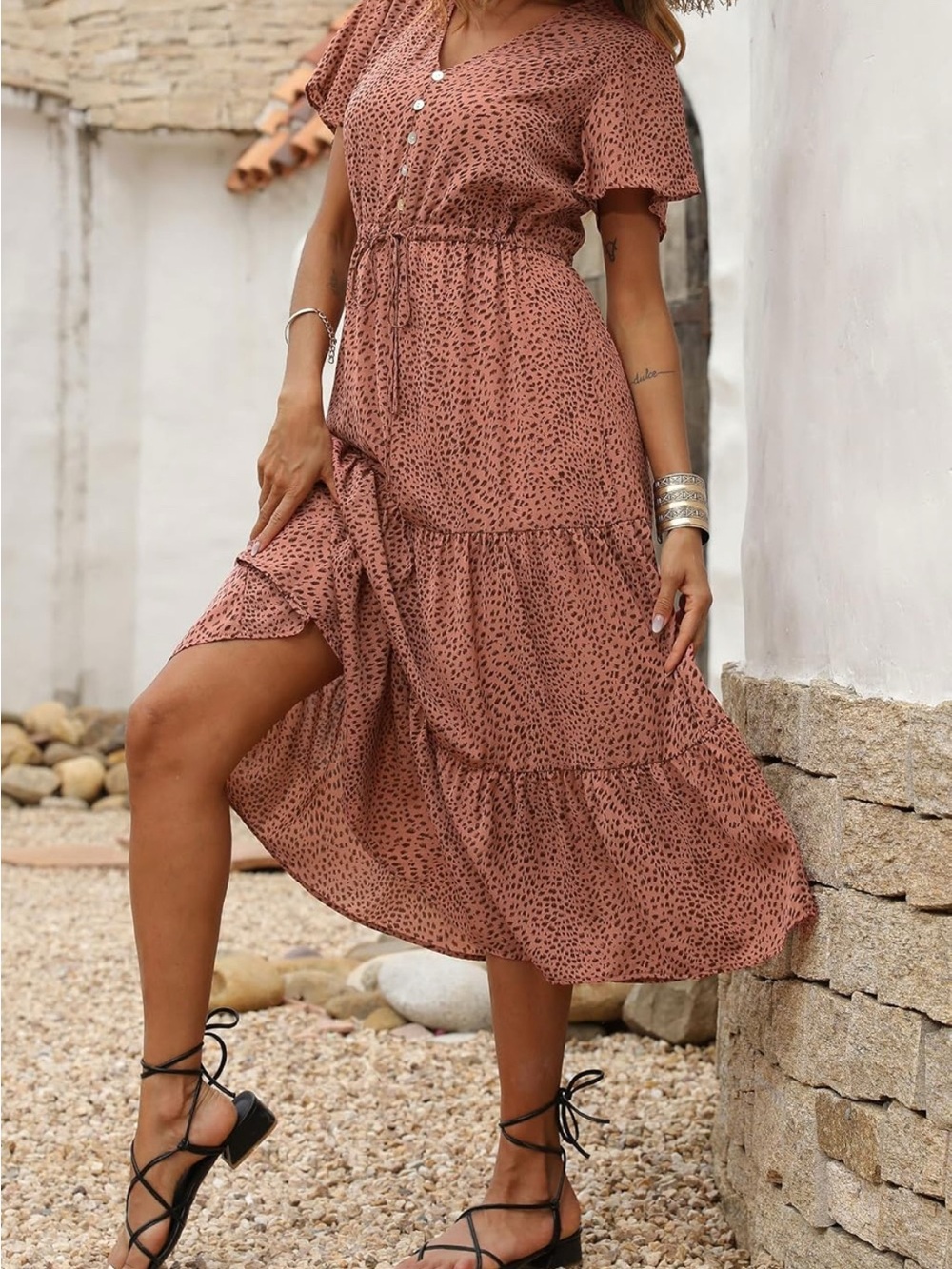 Drawstring V-Neck Tiered Midi Dress in Rust Dot - Picture 2 of 2